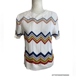Crescent Ivory Chevron Pattern Retro Short Sleeve Crew Neck Sweater Size Medium